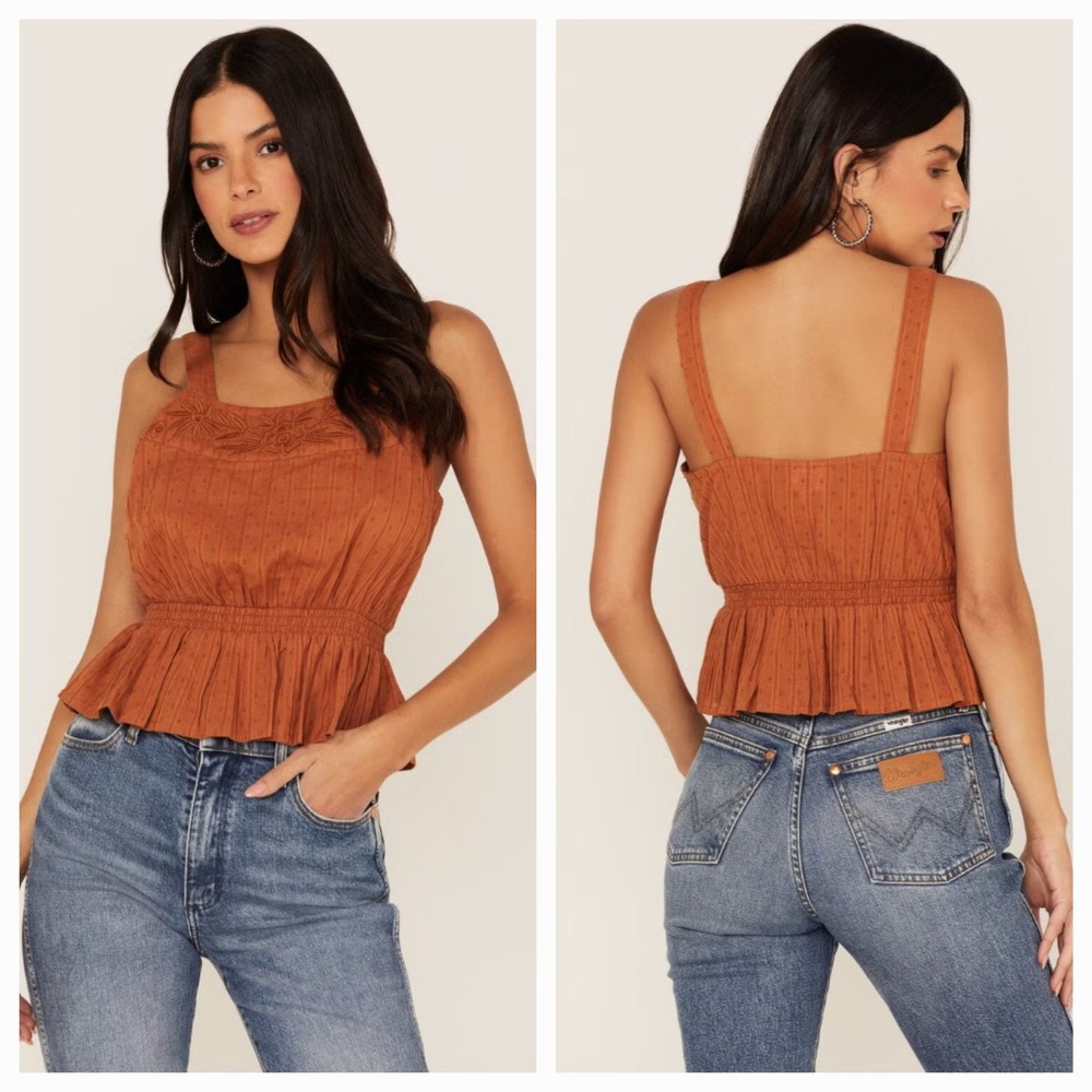 Shyanne Womens Rust Swiss Dot Embroidered Smocked Waist Tank Top Size Medium❤️